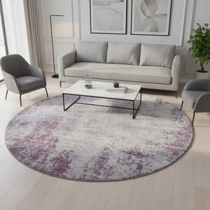 HomeRoots 8' Stylish Plum and Ivory Abstract Washable Round Rug with UV Protection for Busy Homes and Kids 674883
