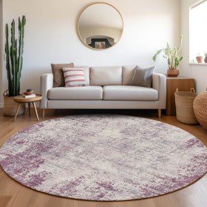 HomeRoots 8' Stylish Plum and Ivory Abstract Washable Round Rug with UV Protection for Busy Homes and Kids 674883