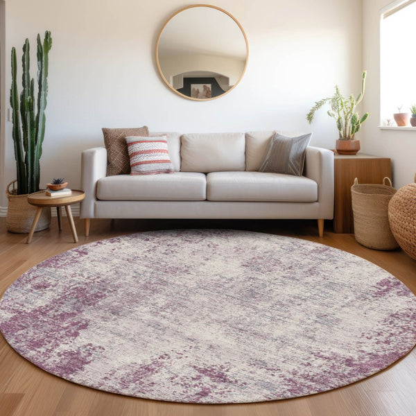 HomeRoots 8' Stylish Plum and Ivory Abstract Washable Round Rug with UV Protection for Busy Homes and Kids 674883