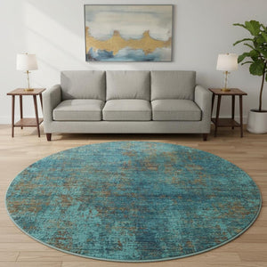 HomeRoots 8' Teal and Brown Abstract Round Rug – Washable, UV Protected, Stain Resistant, Ideal for Busy Homes 674895