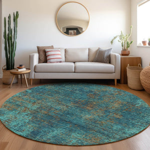HomeRoots 8' Teal and Brown Abstract Round Rug – Washable, UV Protected, Stain Resistant, Ideal for Busy Homes 674895