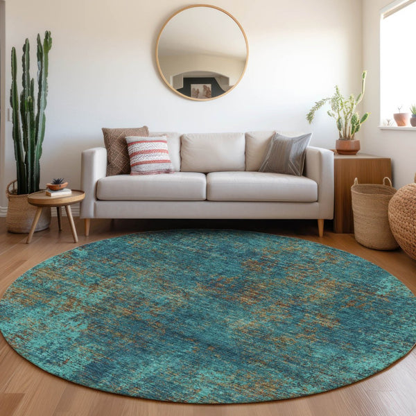 HomeRoots 8' Teal and Brown Abstract Round Rug – Washable, UV Protected, Stain Resistant, Ideal for Busy Homes 674895
