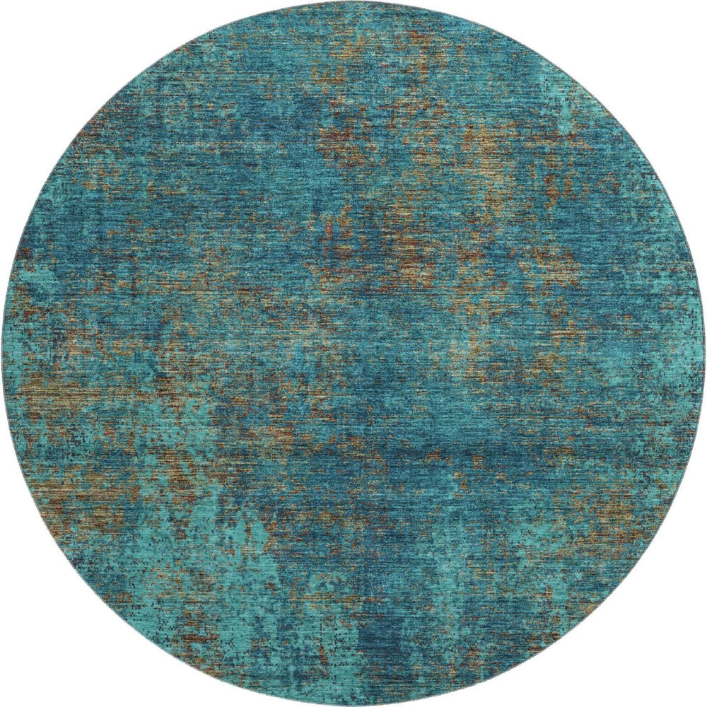 HomeRoots 8' Teal and Brown Abstract Round Rug – Washable, UV Protected, Stain Resistant, Ideal for Busy Homes 674895