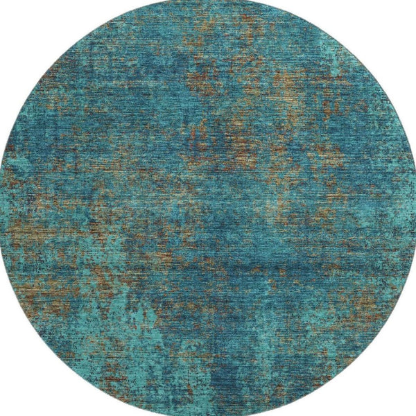 HomeRoots 8' Teal and Brown Abstract Round Rug – Washable, UV Protected, Stain Resistant, Ideal for Busy Homes 674895