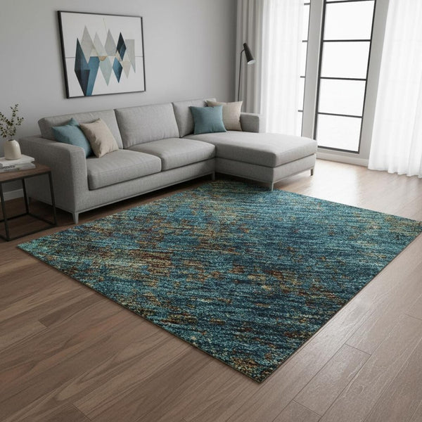 HomeRoots 9' X 12' Teal & Brown Abstract Area Rug - Washable, UV-Protected, Durable for Modern Living Spaces 674897