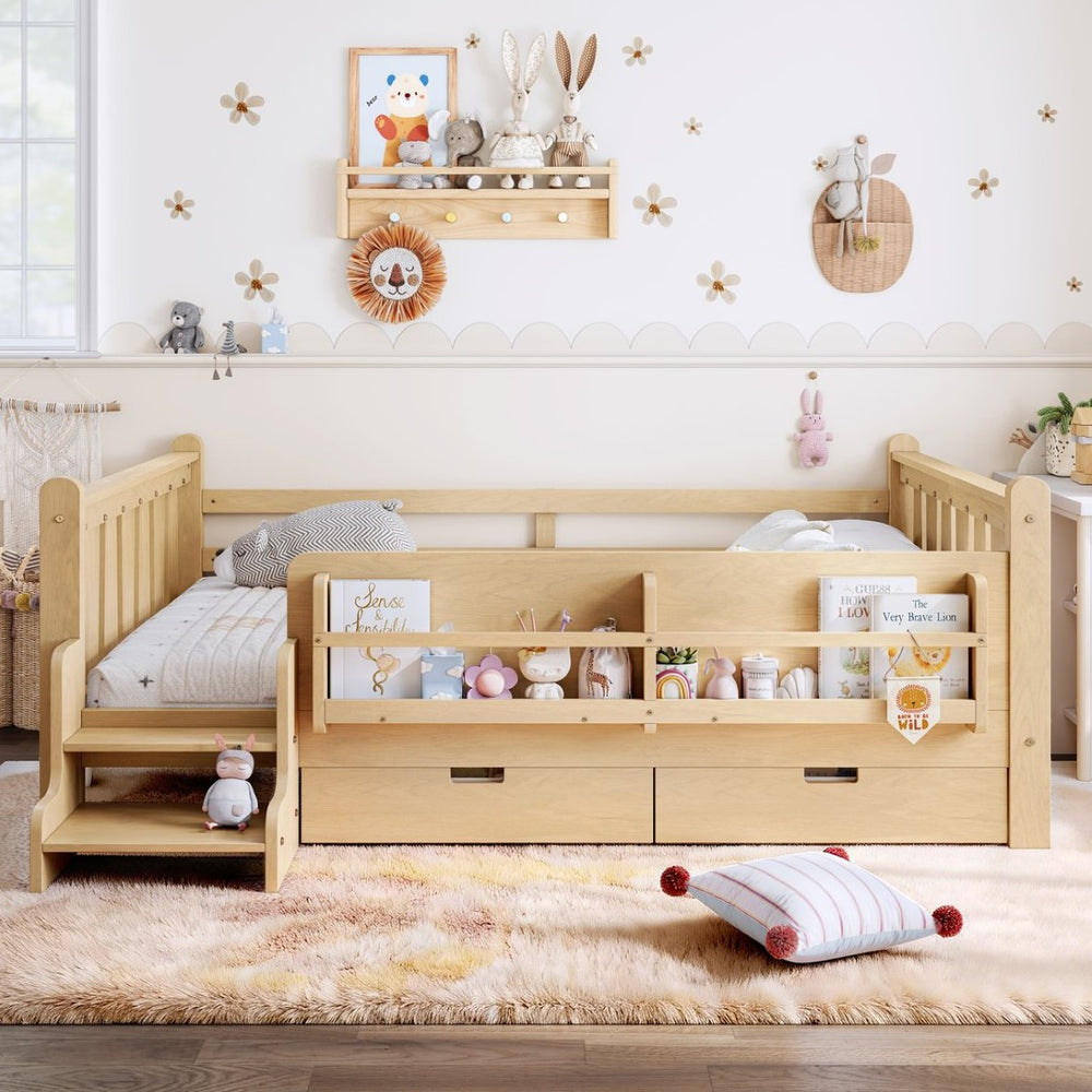 English Elm Twin Kids Platform Bed with Trundle Staircase Bookshelf and Rounded Safety Rails Light Natural W1580S00541