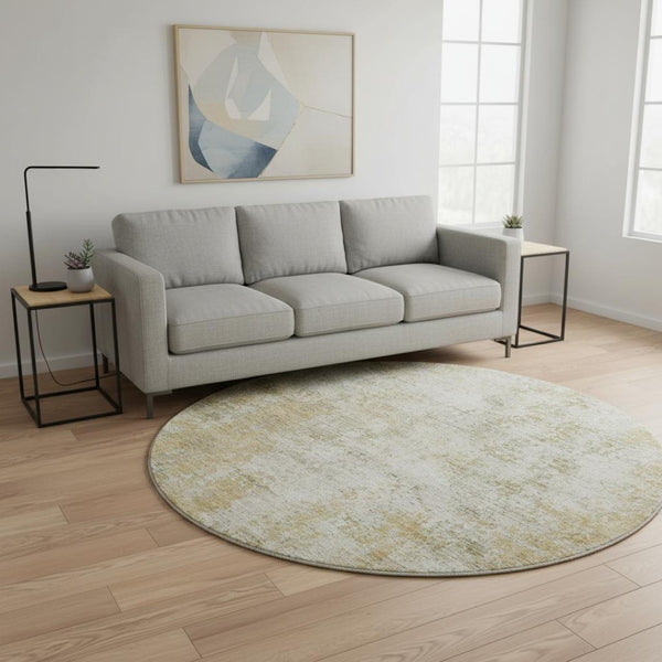 HomeRoots 8' Wheat and Ivory Abstract Washable Round Rug - Stain-Resistant & UV Protected for Modern Homes 674901