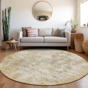 HomeRoots 8' Wheat and Ivory Abstract Washable Round Rug - Stain-Resistant & UV Protected for Modern Homes 674901