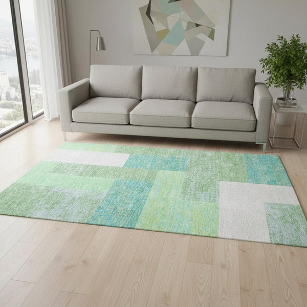 HomeRoots 5' X 8' Stylish Artichoke Green, Teal & Ivory Geometric Area Rug - Washable & UV Protected Design 674906