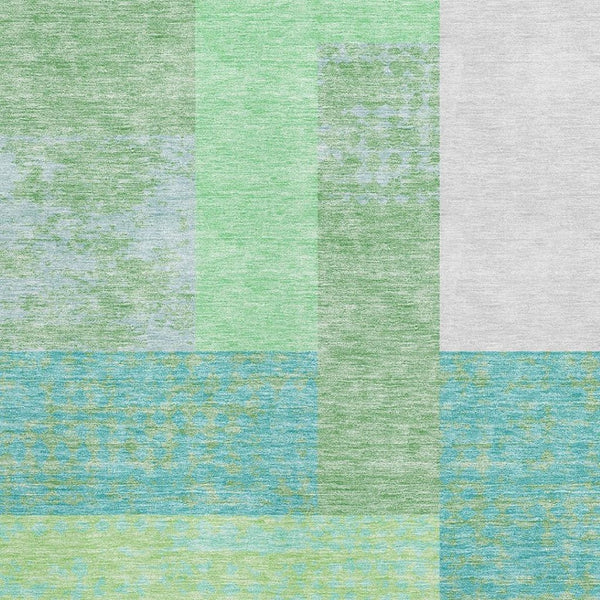 HomeRoots 5' X 8' Stylish Artichoke Green, Teal & Ivory Geometric Area Rug - Washable & UV Protected Design 674906