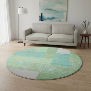 HomeRoots 8' Artichoke Green, Teal & Ivory Geometric Round Rug - Washable, UV Protected & Durable Home Decor 674907