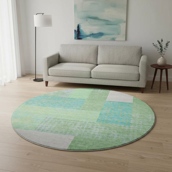 HomeRoots 8' Artichoke Green, Teal & Ivory Geometric Round Rug - Washable, UV Protected & Durable Home Decor 674907