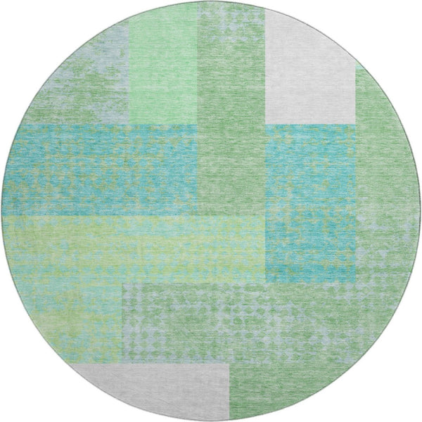 HomeRoots 8' Artichoke Green, Teal & Ivory Geometric Round Rug - Washable, UV Protected & Durable Home Decor 674907