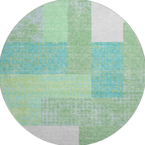 HomeRoots 8' Artichoke Green, Teal & Ivory Geometric Round Rug - Washable, UV Protected & Durable Home Decor 674907