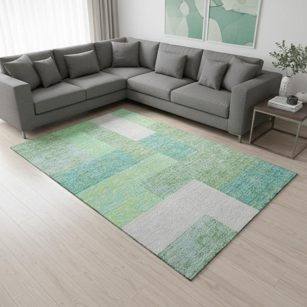 HomeRoots 8' X 10' Artichoke Green Teal Ivory Geometric Area Rug - Washable, UV Protected, and Pet Friendly! 674908