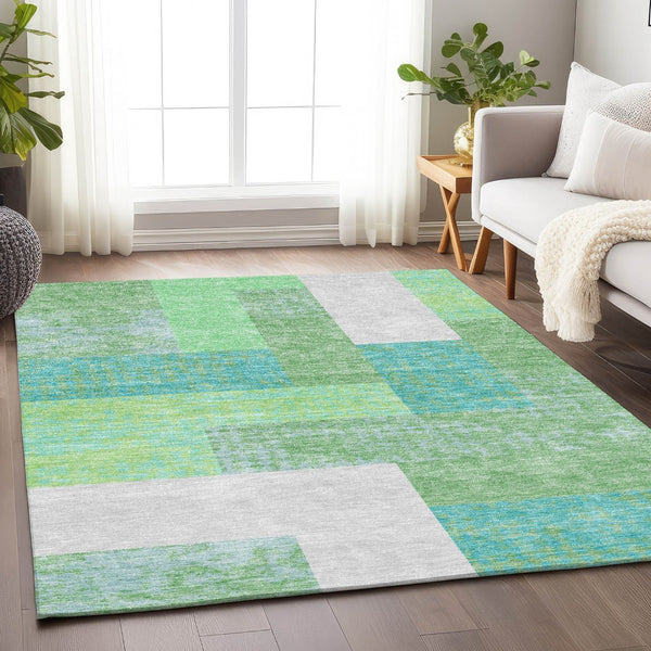 HomeRoots 8' X 10' Artichoke Green Teal Ivory Geometric Area Rug - Washable, UV Protected, and Pet Friendly! 674908