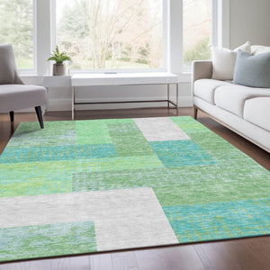 HomeRoots 8' X 10' Artichoke Green Teal Ivory Geometric Area Rug - Washable, UV Protected, and Pet Friendly! 674908