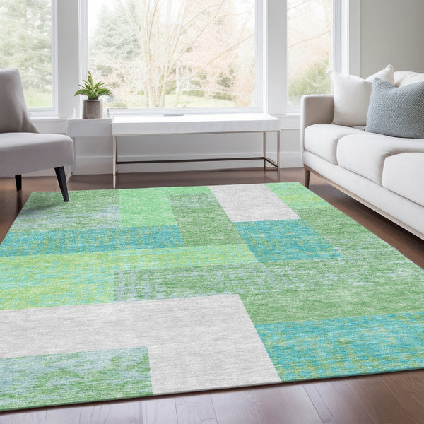 HomeRoots 8' X 10' Artichoke Green Teal Ivory Geometric Area Rug - Washable, UV Protected, and Pet Friendly! 674908