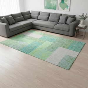 HomeRoots 9' X 12' Artichoke Green Teal Ivory Geometric Area Rug - Durable, Washable, UV Protected for Homes 674909