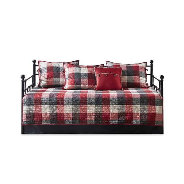 English Elm 6 Reversible Plaid Daybed Cover Set Red & Black Herringbone Quilt Twin Cabin Style Bedding Set B03597555