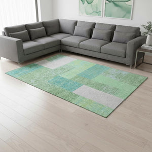 HomeRoots 10' X 14' Artichoke Green Teal Ivory Geometric Area Rug - Washable, UV-Protected & Stain Resistant 674910