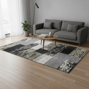 HomeRoots 5' X 8' Stylish Black Ivory Beige Geometric Area Rug – Washable, Stain Resistant, UV Protected 674912