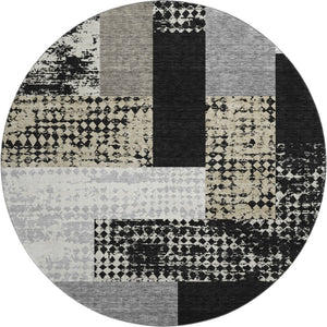 HomeRoots 8' Black Ivory And Beige Geometric Round Rug - Washable, UV Protected, Durable for Homes & Patios 674913