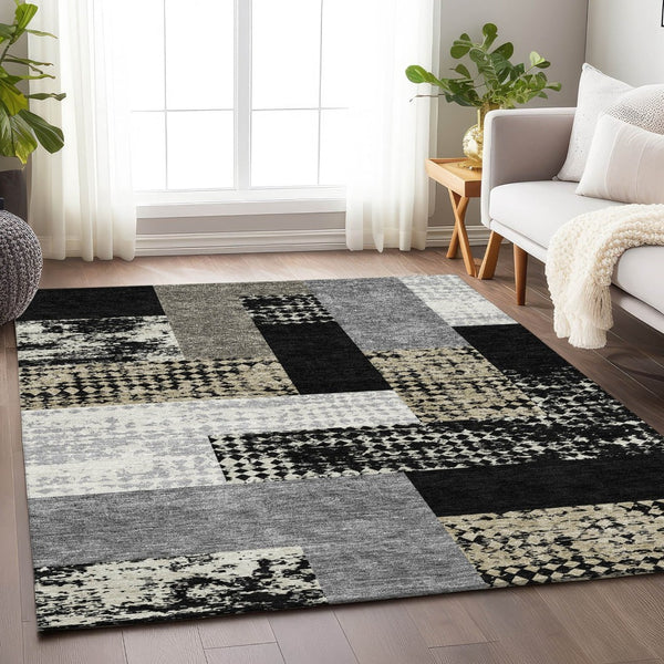 HomeRoots 8' X 10' Geometric Black, Ivory & Beige Area Rug - Washable, UV-Protected, Stylish & Durable Design 674914