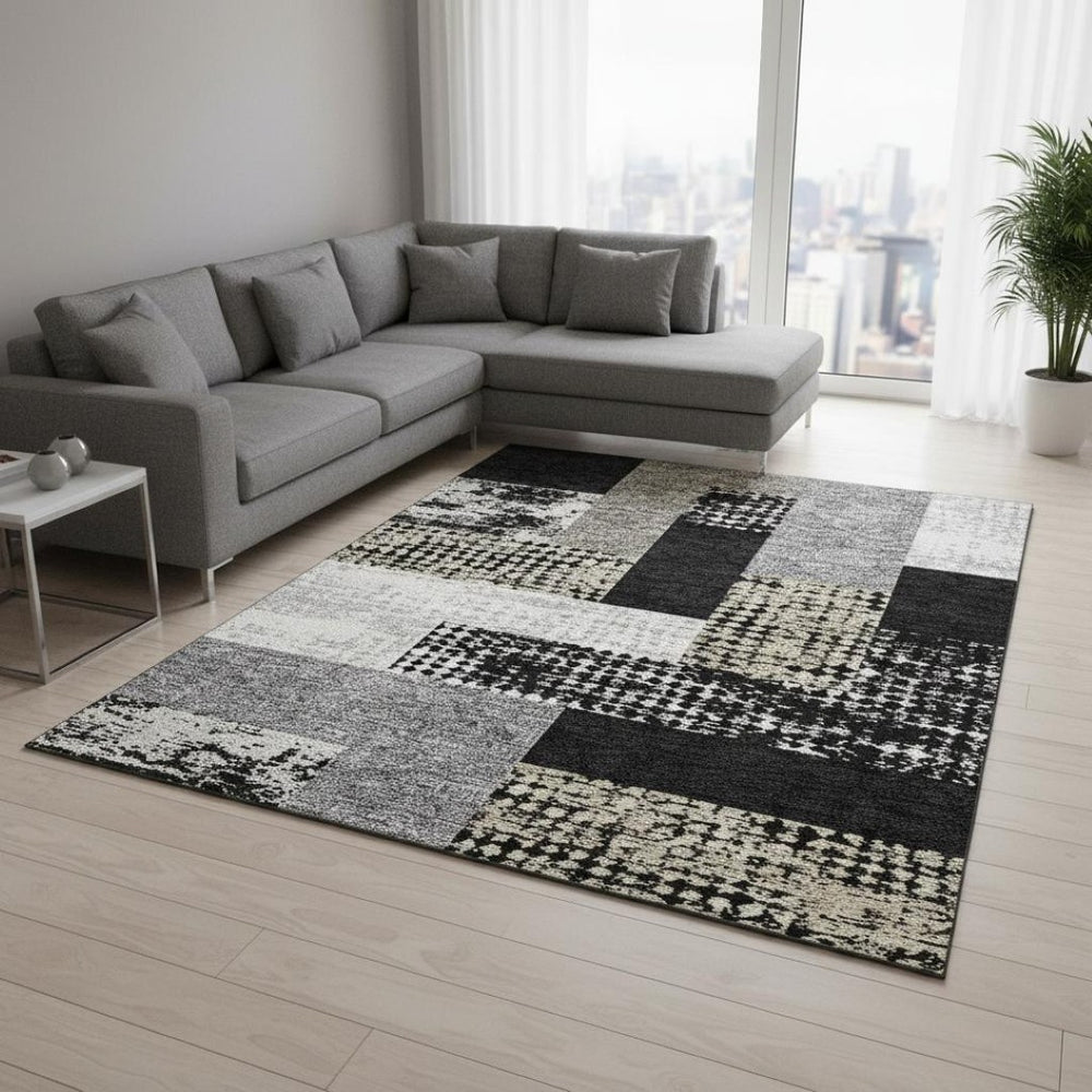 HomeRoots 9' X 12' Modern Black Ivory & Beige Geometric Washable Area Rug with UV Protection for Home Use 674915