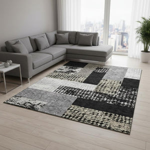 HomeRoots 9' X 12' Modern Black Ivory & Beige Geometric Washable Area Rug with UV Protection for Home Use 674915