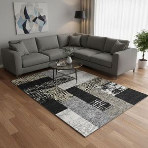 HomeRoots 10' X 14' Modern Black Ivory Beige Geometric Area Rug - Washable, UV Protected, Pet & Kid Friendly 674916