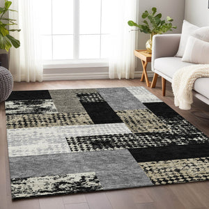 HomeRoots 10' X 14' Modern Black Ivory Beige Geometric Area Rug - Washable, UV Protected, Pet & Kid Friendly 674916