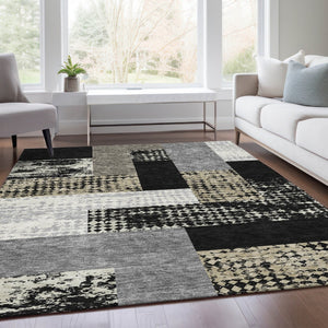 HomeRoots 10' X 14' Modern Black Ivory Beige Geometric Area Rug - Washable, UV Protected, Pet & Kid Friendly 674916