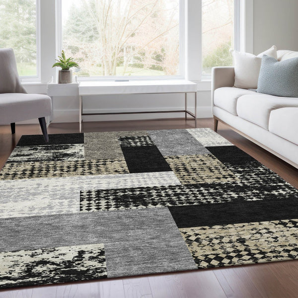 HomeRoots 10' X 14' Modern Black Ivory Beige Geometric Area Rug - Washable, UV Protected, Pet & Kid Friendly 674916