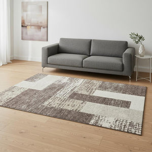 HomeRoots 5' X 8' Geometric Area Rug in Brown, Ivory & Beige - Washable, Stain-Resistant & UV Protected! 674918