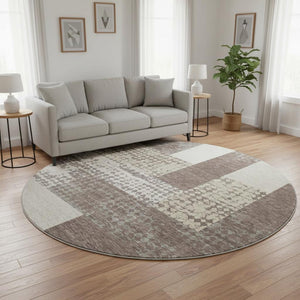 HomeRoots 8' Washable Round Rug in Brown, Ivory & Beige - Stylish Geometric Design with UV Protection & Durability 674919