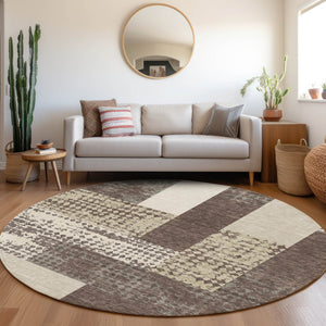 HomeRoots 8' Washable Round Rug in Brown, Ivory & Beige - Stylish Geometric Design with UV Protection & Durability 674919