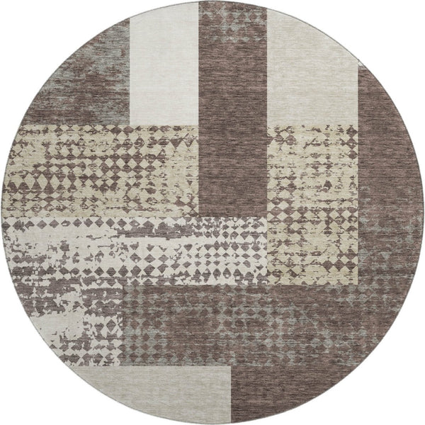 HomeRoots 8' Washable Round Rug in Brown, Ivory & Beige - Stylish Geometric Design with UV Protection & Durability 674919
