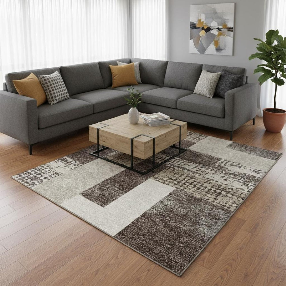 HomeRoots 8' X 10' Stylish Brown Ivory Beige Geometric Washable Area Rug with UV Protection for Busy Homes 674920