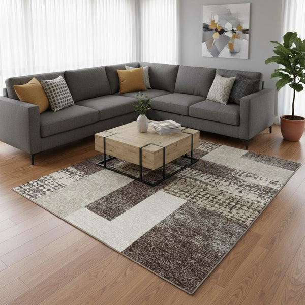 HomeRoots 8' X 10' Stylish Brown Ivory Beige Geometric Washable Area Rug with UV Protection for Busy Homes 674920
