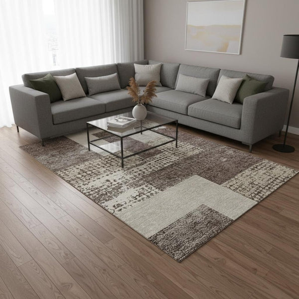 HomeRoots 9' X 12' Modern Geometric Washable Area Rug in Brown, Ivory & Beige - UV & Stain Resistant Design 674921