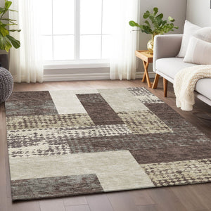 HomeRoots 9' X 12' Modern Geometric Washable Area Rug in Brown, Ivory & Beige - UV & Stain Resistant Design 674921