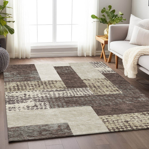HomeRoots 9' X 12' Modern Geometric Washable Area Rug in Brown, Ivory & Beige - UV & Stain Resistant Design 674921