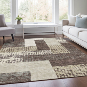 HomeRoots 9' X 12' Modern Geometric Washable Area Rug in Brown, Ivory & Beige - UV & Stain Resistant Design 674921