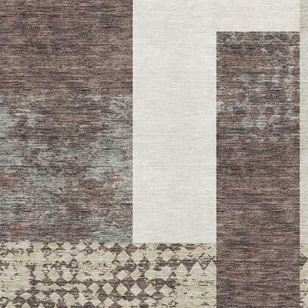 HomeRoots 9' X 12' Modern Geometric Washable Area Rug in Brown, Ivory & Beige - UV & Stain Resistant Design 674921