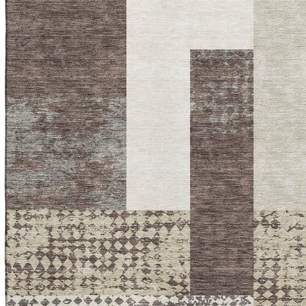 HomeRoots 9' X 12' Modern Geometric Washable Area Rug in Brown, Ivory & Beige - UV & Stain Resistant Design 674921
