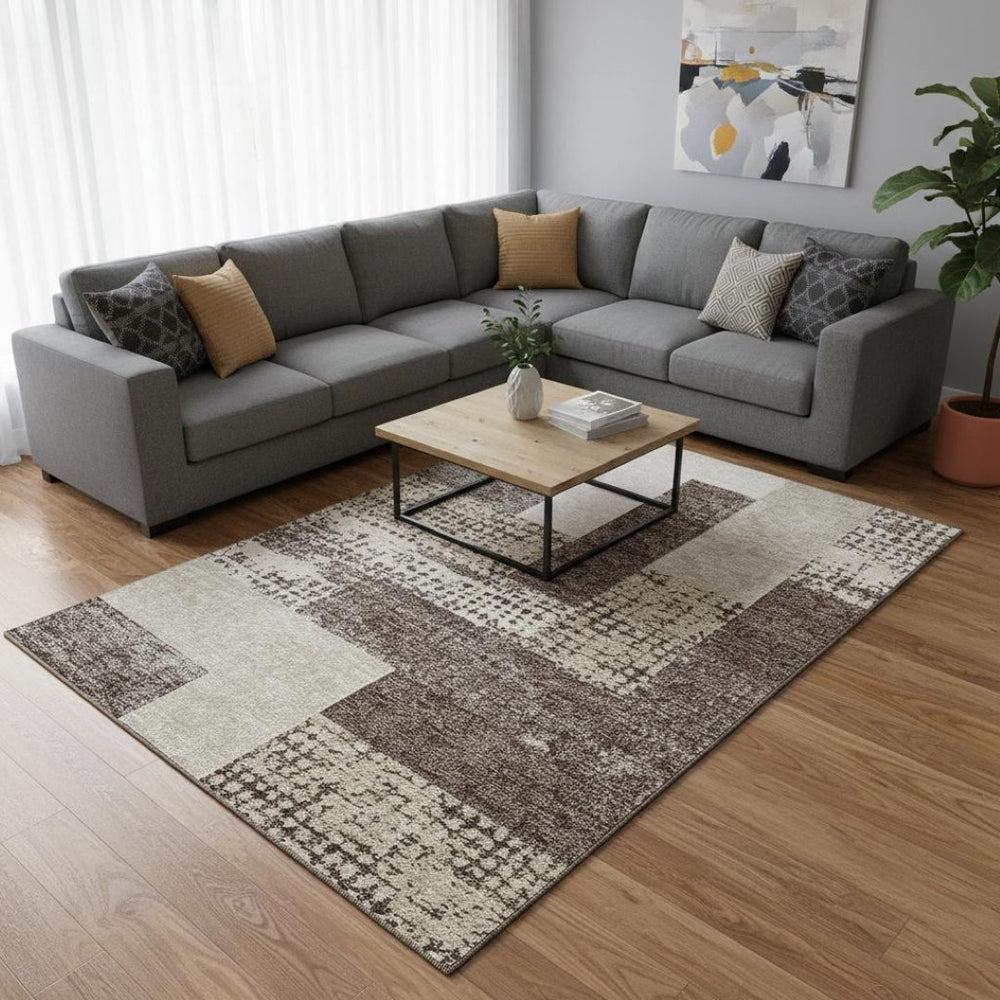 HomeRoots 10' X 14' Geometric Washable Area Rug in Brown, Ivory & Beige with UV Protection for Modern Homes 674922