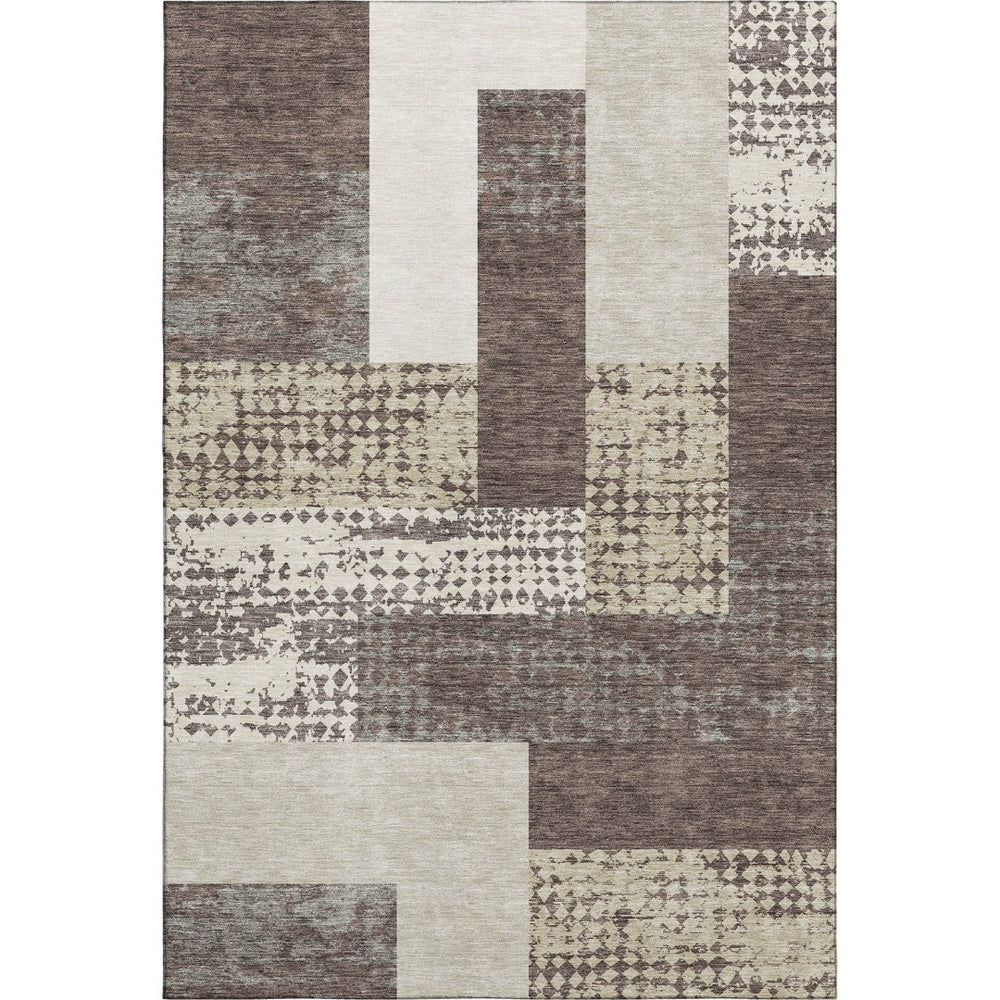 HomeRoots 10' X 14' Geometric Washable Area Rug in Brown, Ivory & Beige with UV Protection for Modern Homes 674922