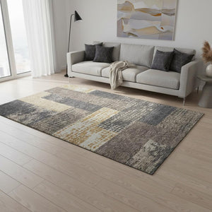 HomeRoots 5' Geometric Area Rug in Coffee, Gold & Ivory - Washable, UV-Protected, Stylish & Durable Design 674924