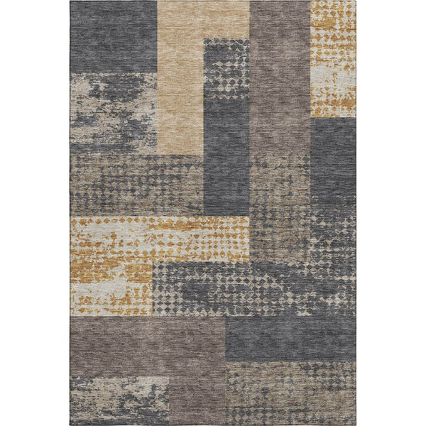 HomeRoots 5' Geometric Area Rug in Coffee, Gold & Ivory - Washable, UV-Protected, Stylish & Durable Design 674924